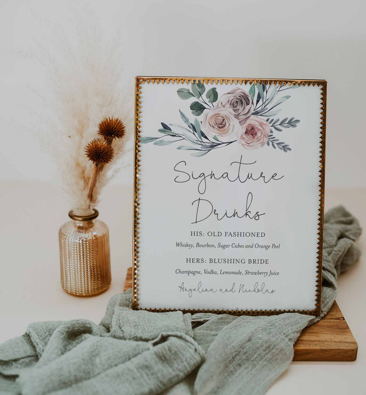 Boho Rose Wedding Signature Drinks Sign Printable