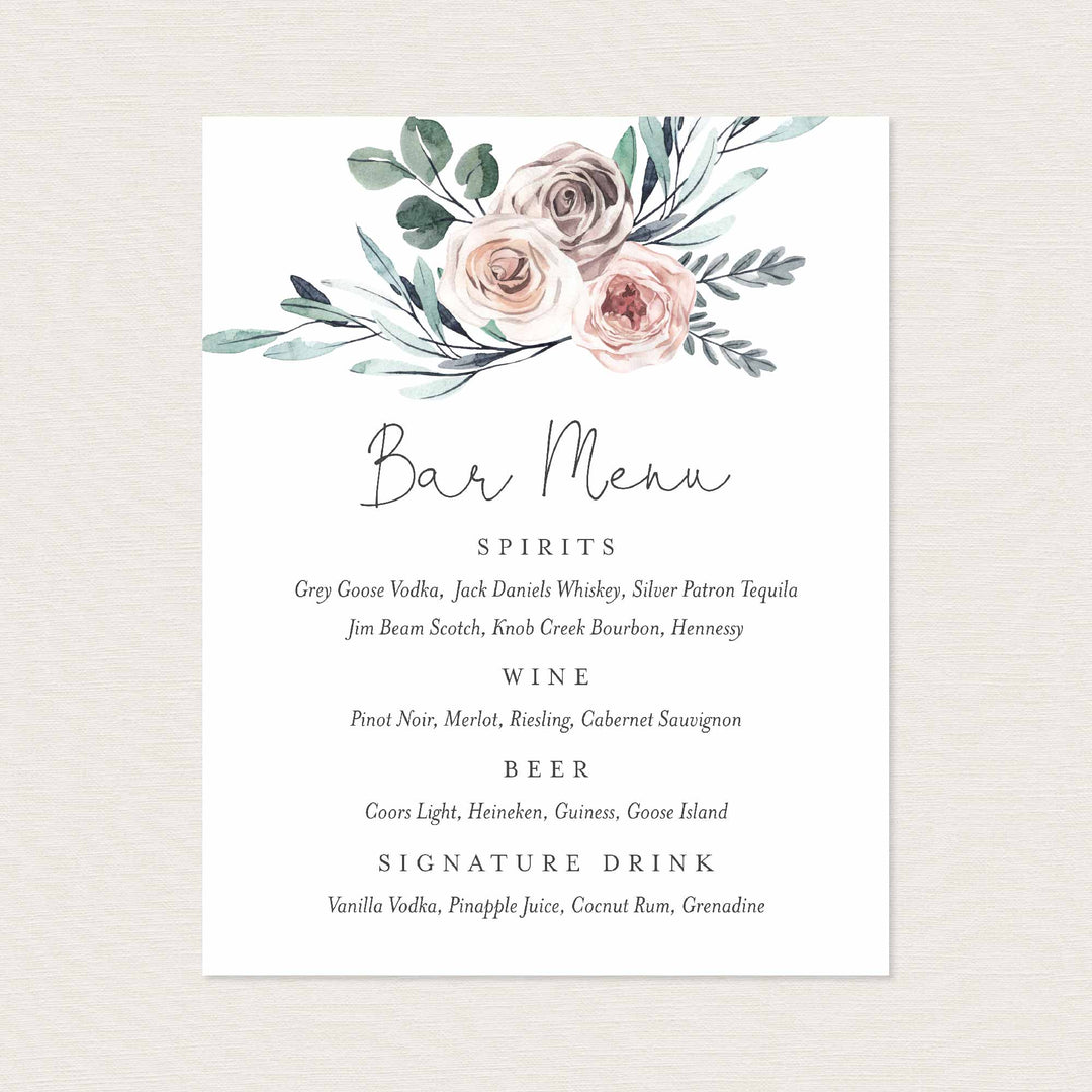 Boho Rose Wedding Bar Menu Sign Printable