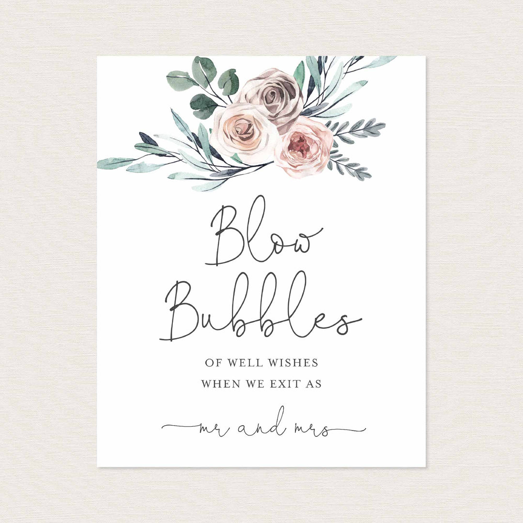 Boho Rose Wedding Blow Bubbles Sign Printable