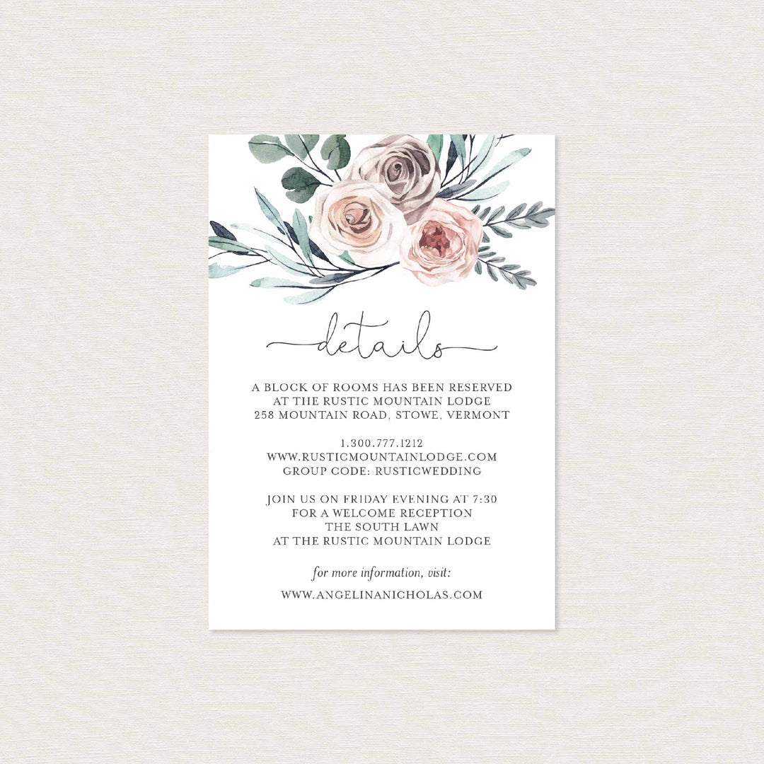 Boho Rose Wedding Details Card Printable