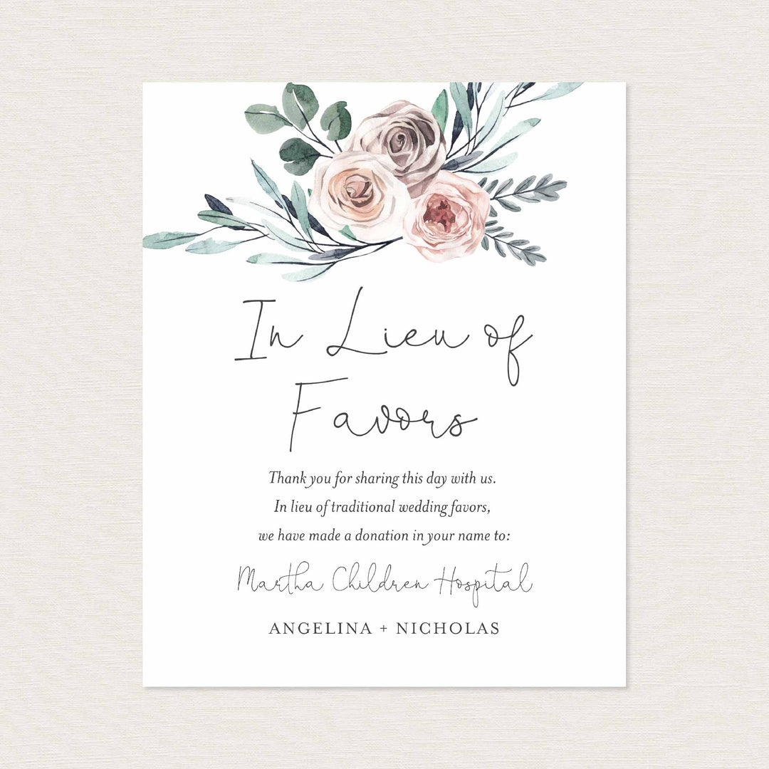 Boho Rose Wedding In Lieu Of Favours Sign Printable