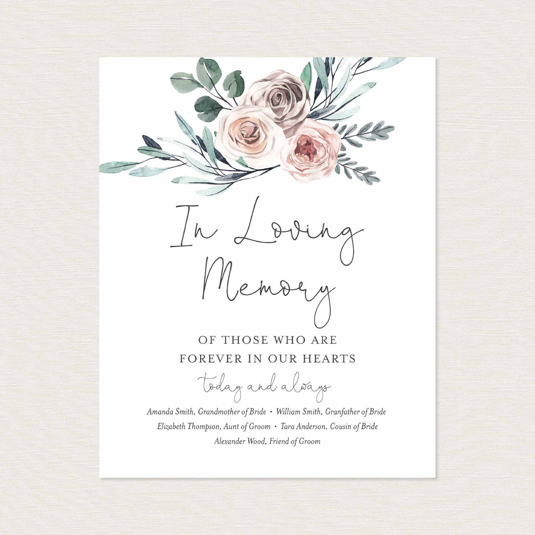 Boho Rose Wedding In Loving Memory Sign Printable