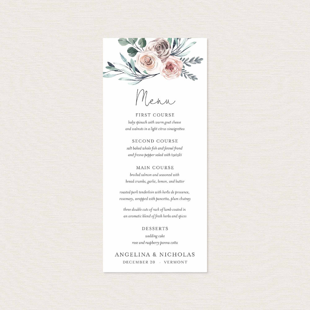 Boho Rose Wedding Menu Card Printable