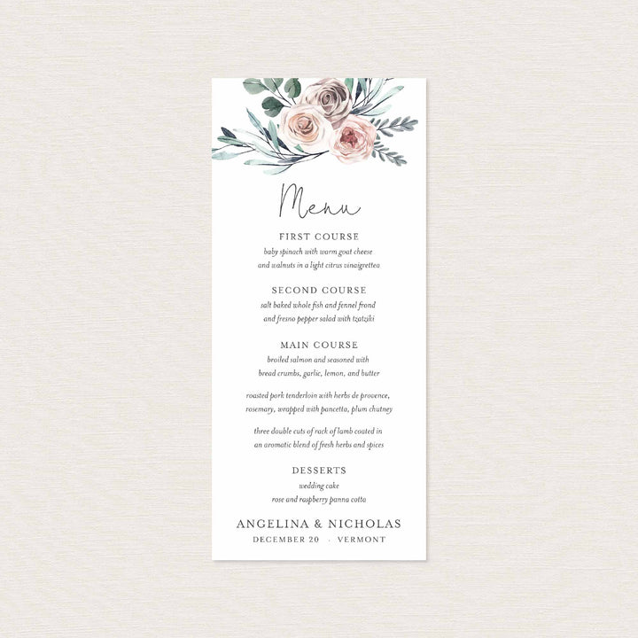 Boho Rose Wedding Menu Card Printable