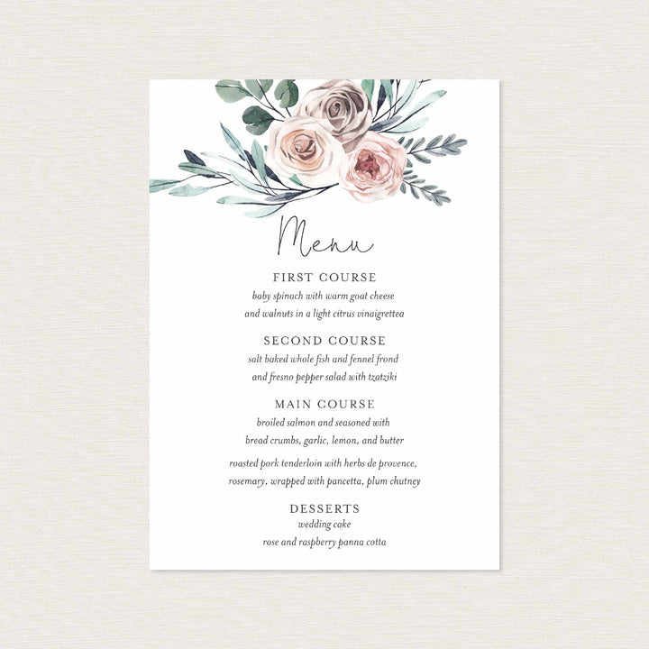 Boho Rose Wedding Menu Card Printable