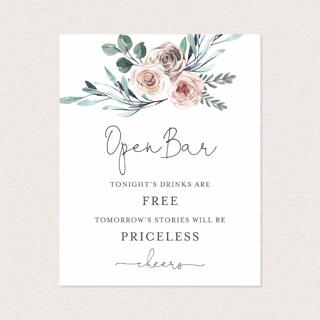 Boho Rose Wedding Open Bar Sign Printable