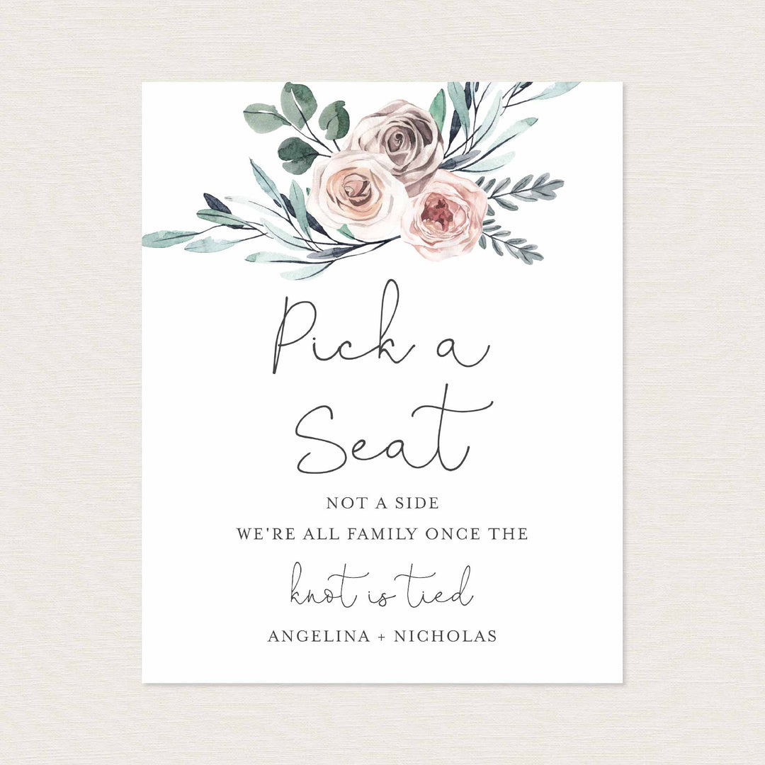 Boho Rose Wedding Pick A Seat Not A Side Sign Printable