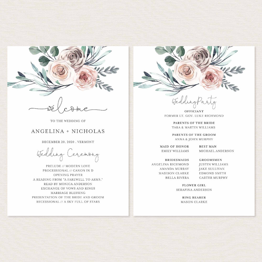 Boho Rose Fan Wedding Program Printable