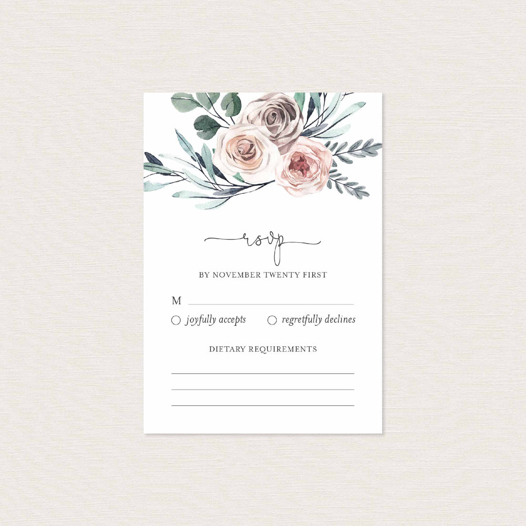 Boho Rose Wedding RSVP Card Printable