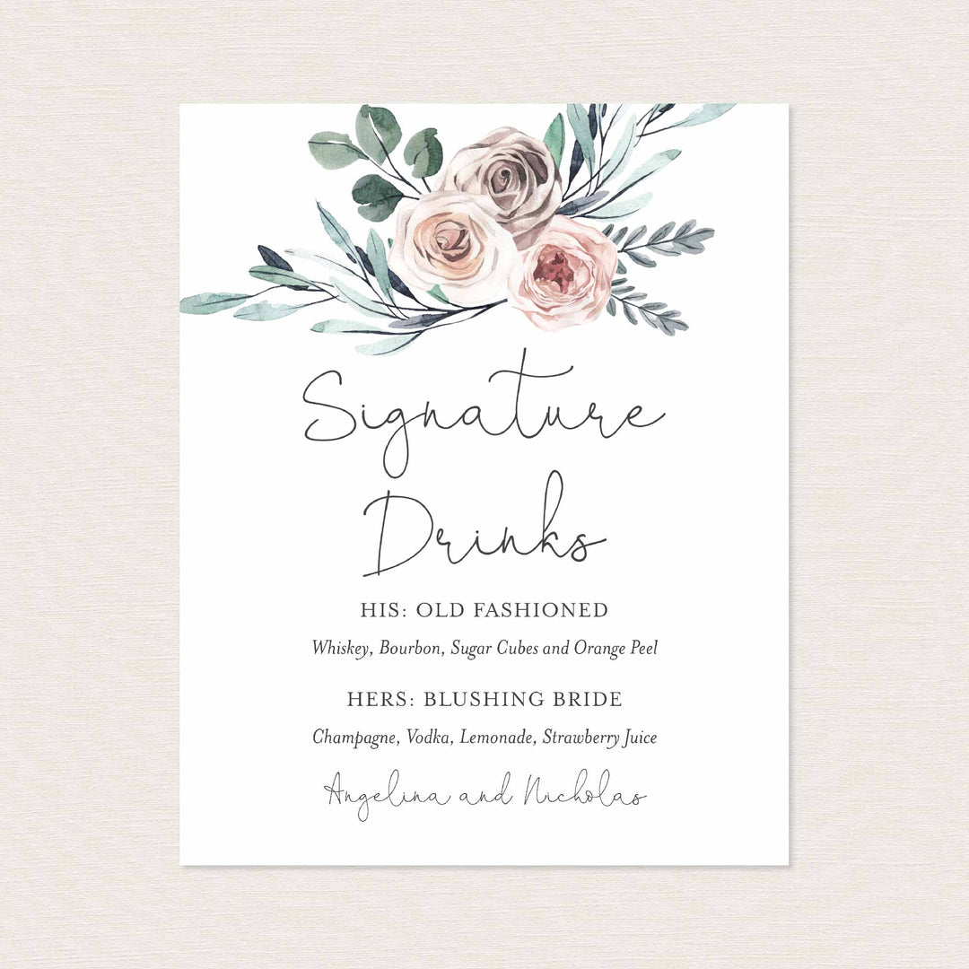 Boho Rose Wedding Signature Drinks Sign Printable