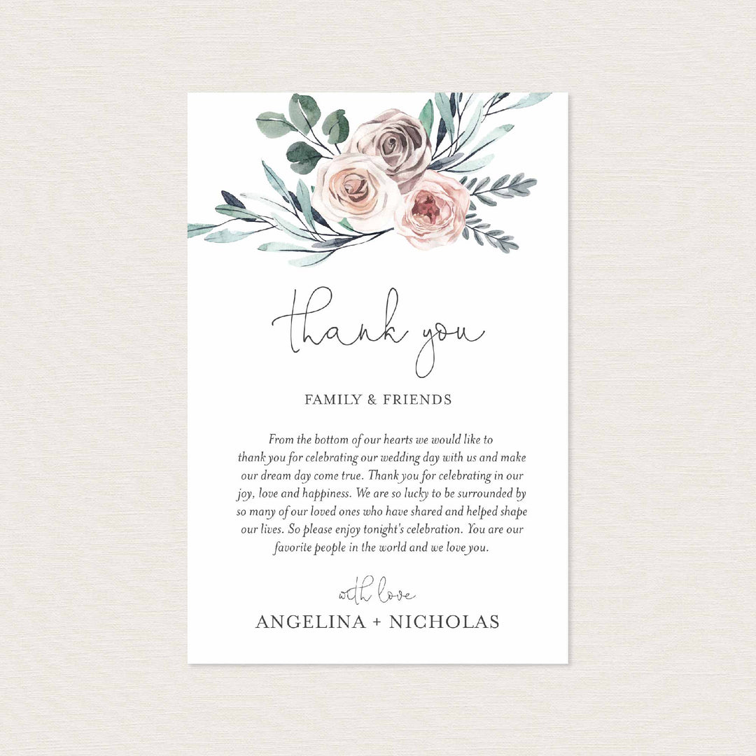 Boho Rose Wedding Thank You Note Printable