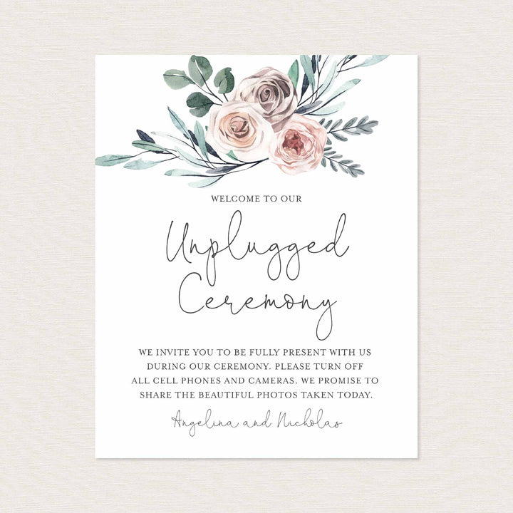 Boho Rose Wedding Unplugged Ceremony Sign Printable