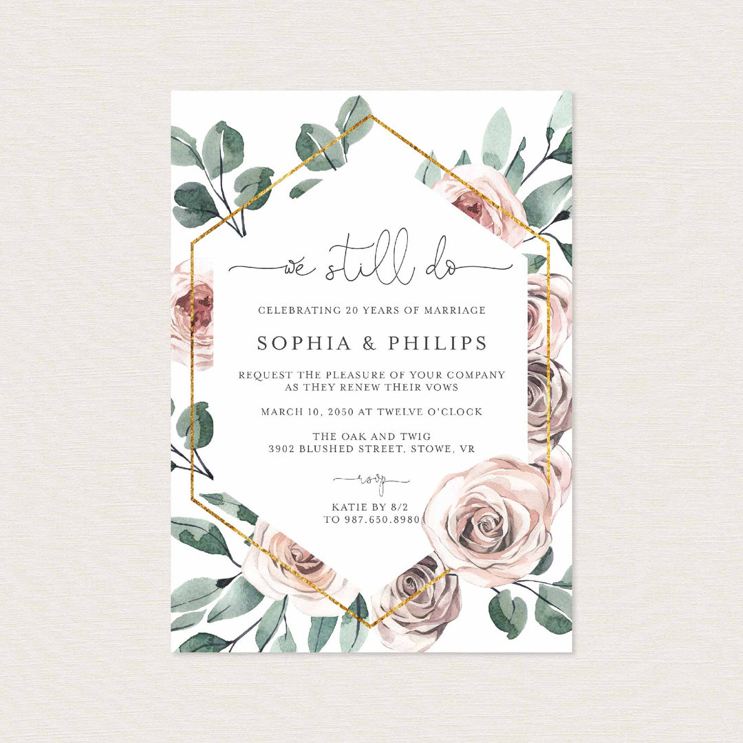 Boho Rose Wedding Vow Renewal Invitation Printable