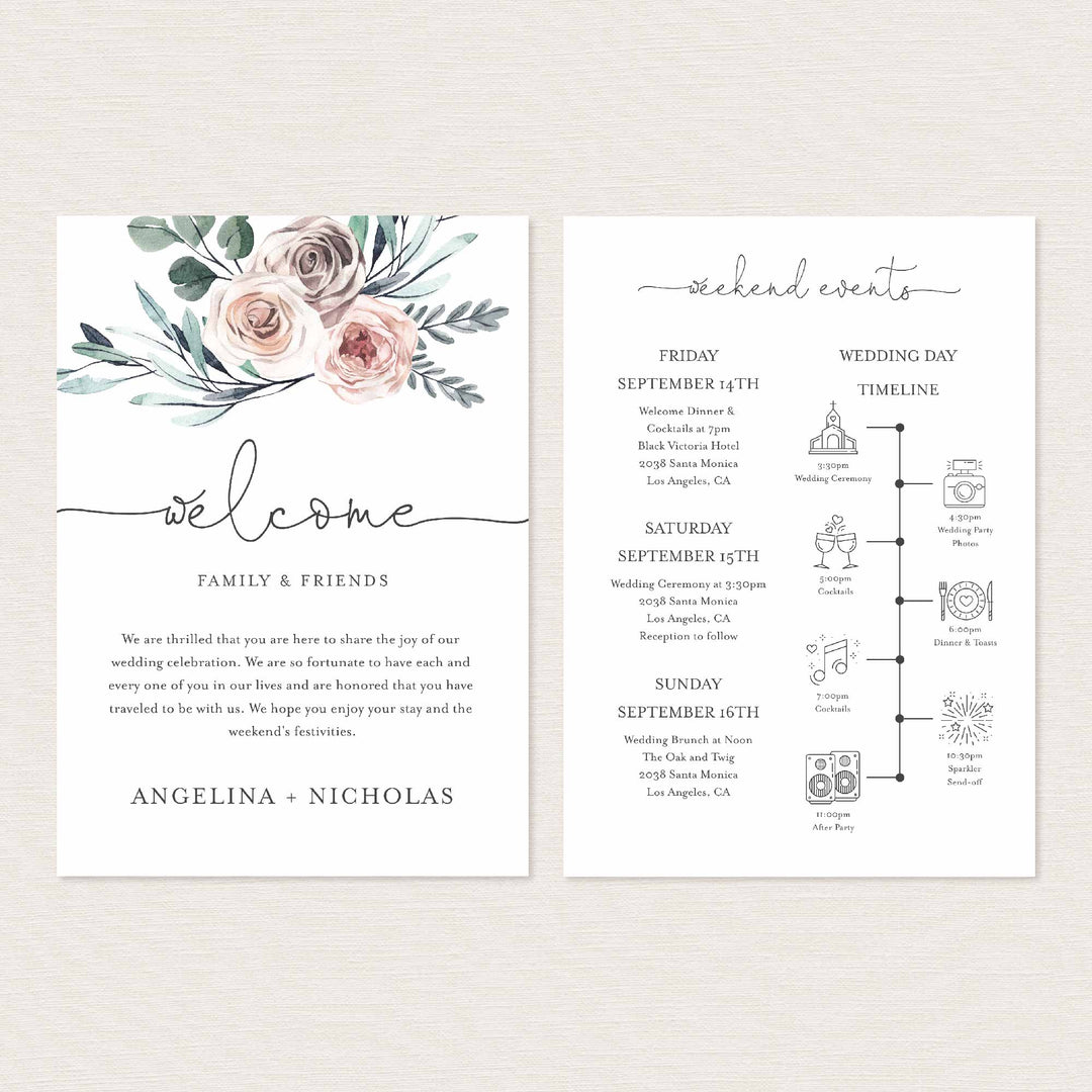 Boho Rose Wedding Welcome Bag Letter and Timeline or Itineraries Printable