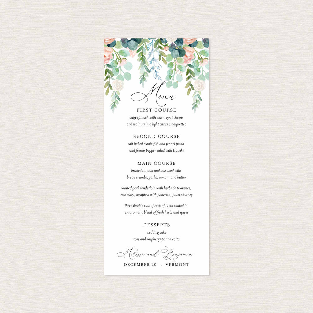 Blush Garden Wedding Menu Card Printable