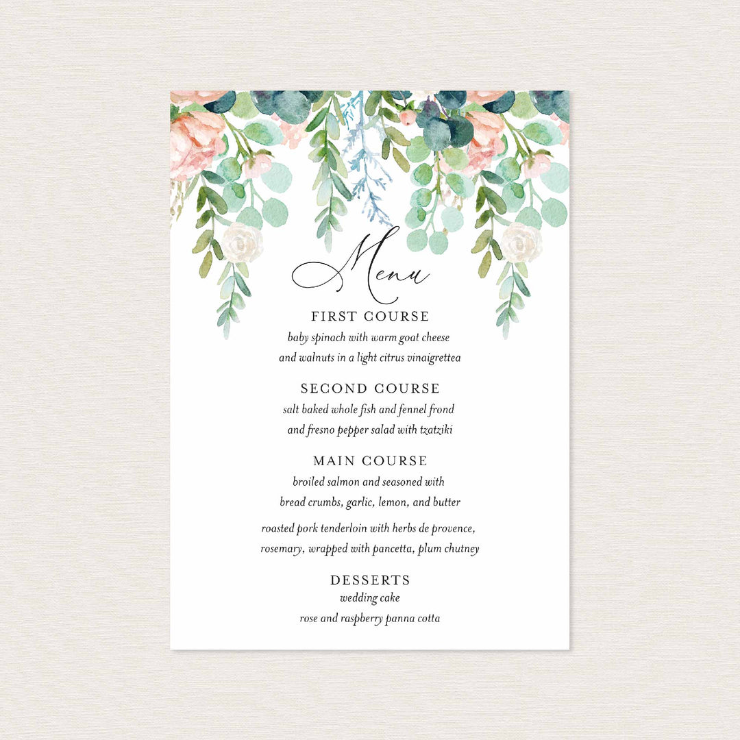 Blush Garden Wedding Menu Card Printable