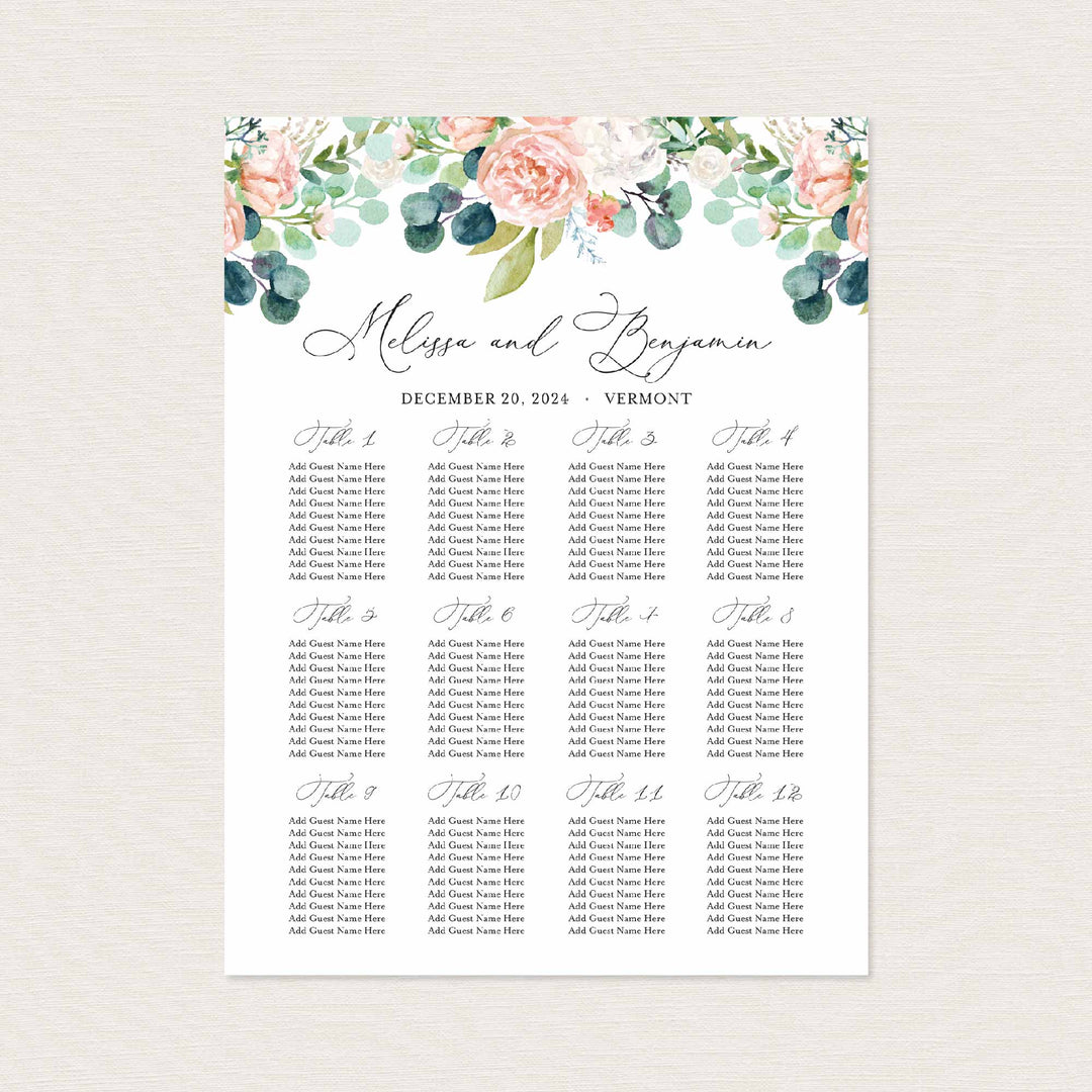 Blush Garden Wedding Seating Chart Sign Printable