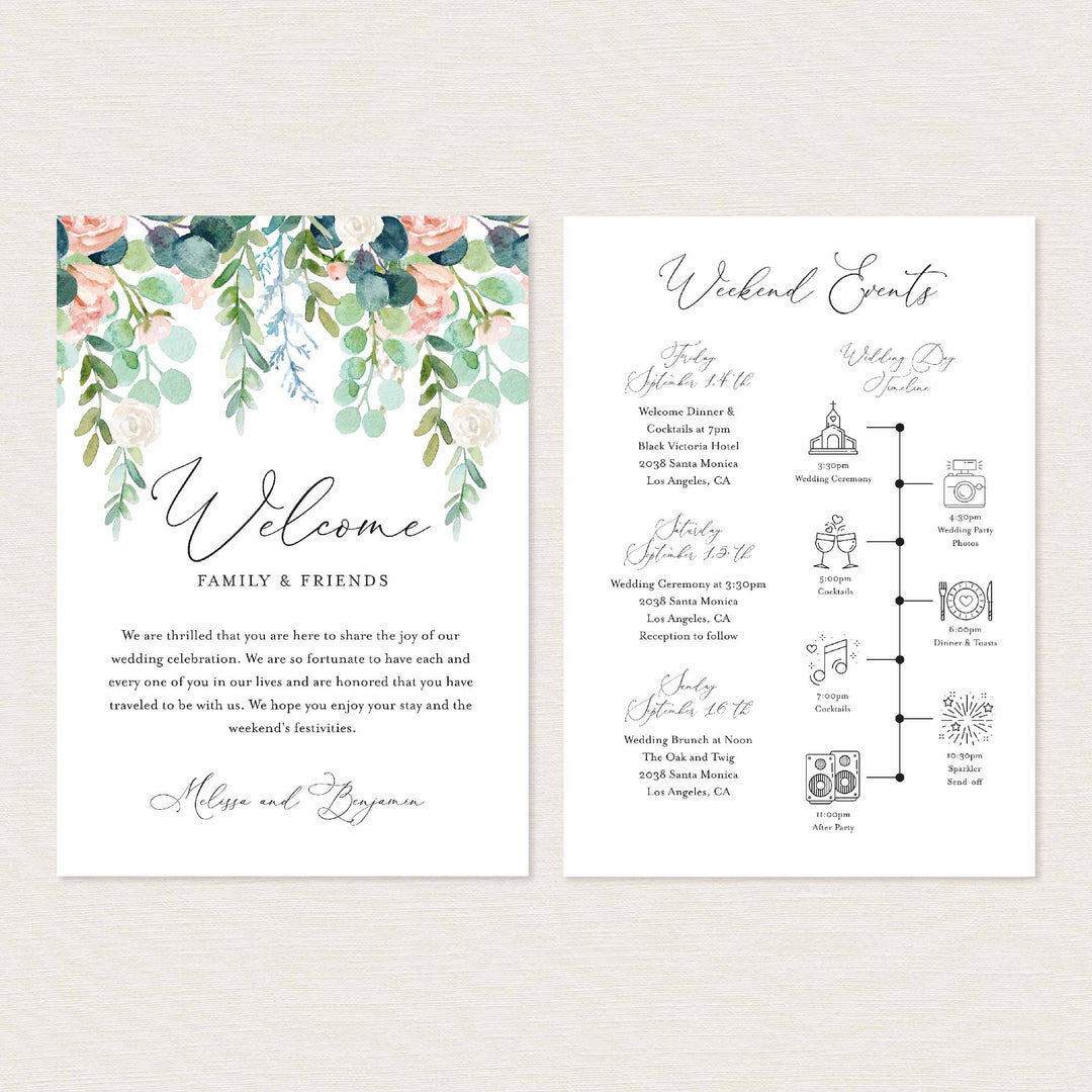 Blush Garden Wedding Welcome Bag Letter and Timeline or Itineraries Printable