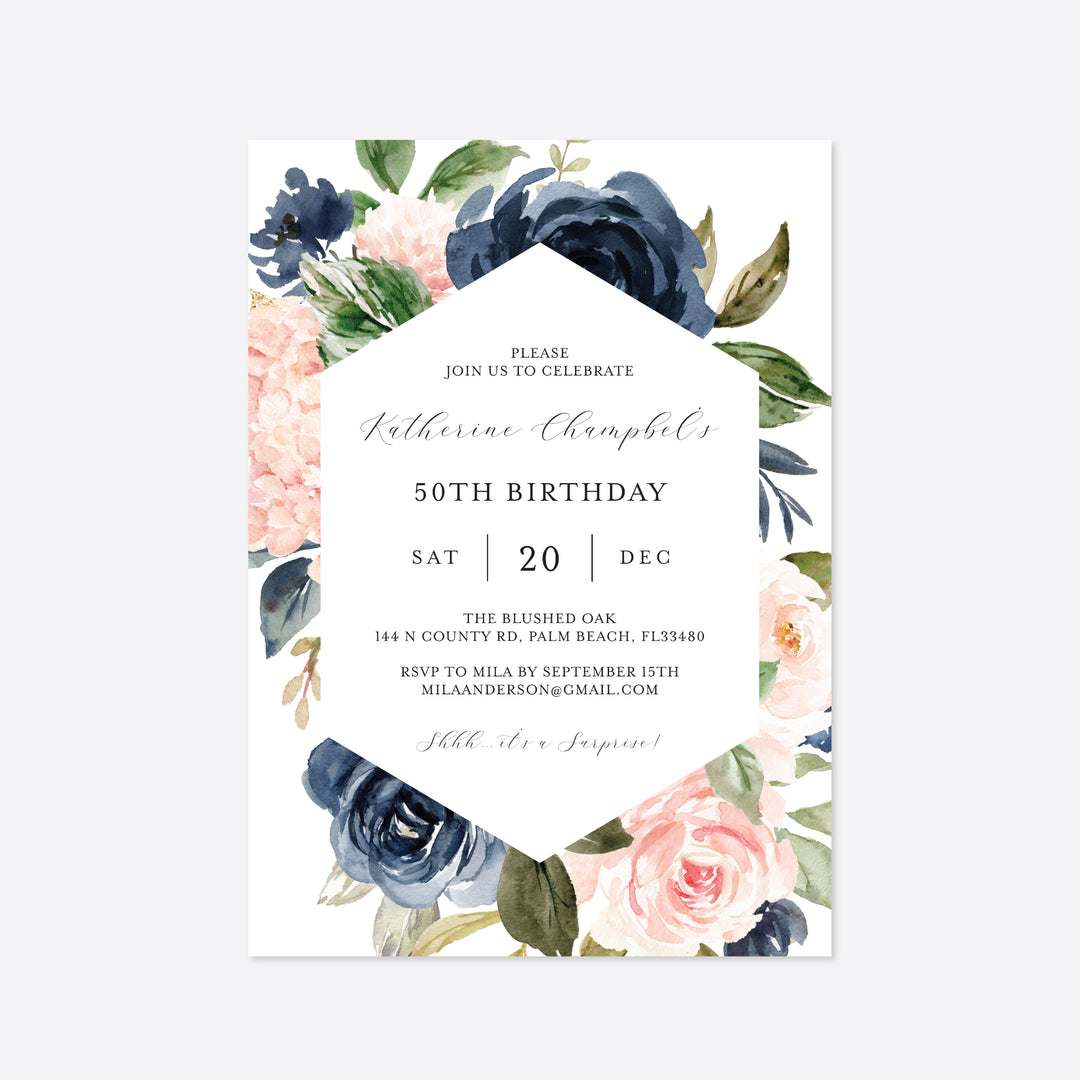 Navy Blush Adult Birthday Invitation Printable