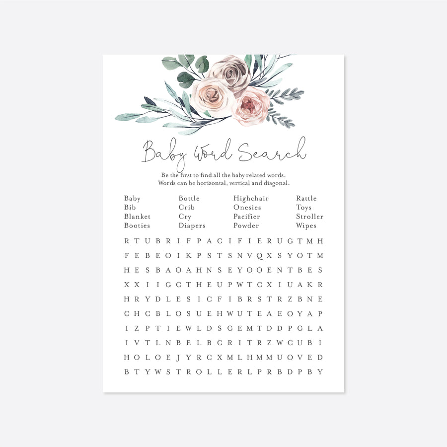 Boho Rose Baby Shower Word Search Game Printable