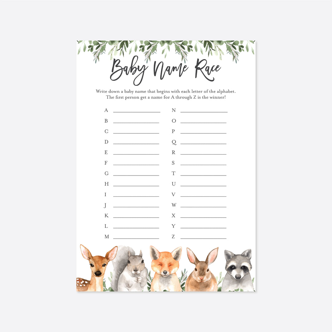 Forest Animals Baby Shower Name Race Game Printable