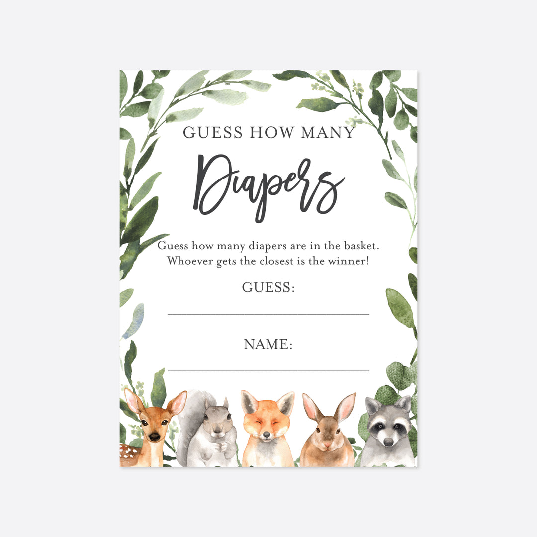 Forest Animals Baby Shower Guess How Many Diapers Game Printable