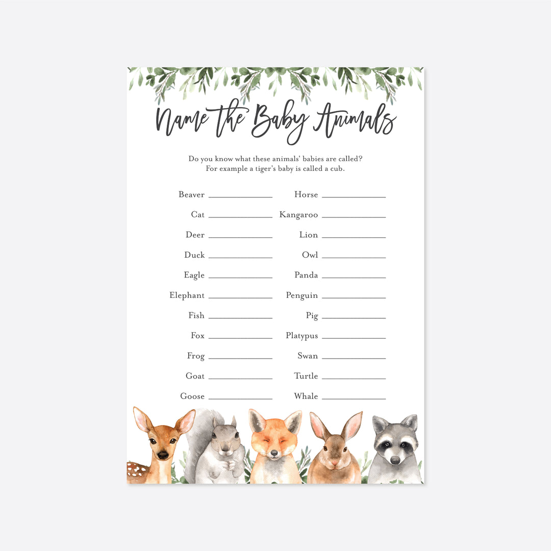 Forest Animals Baby Shower Name The Baby Animals Game Printable