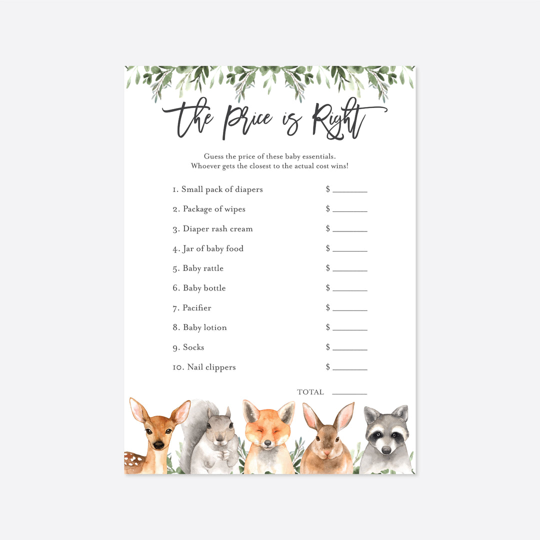 Forest Animals Baby Shower The Price Is Right Game Printable