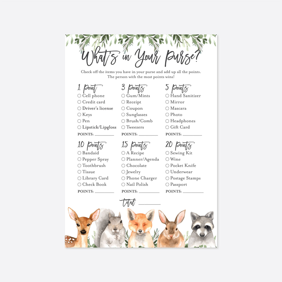 Forest Animals Baby Shower What's In Your Purse Game Printable