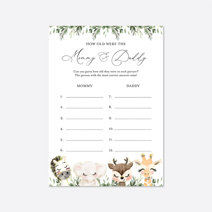 Baby Safari Baby Shower How Old Were The Mummy and Daddy To Be Game Printable