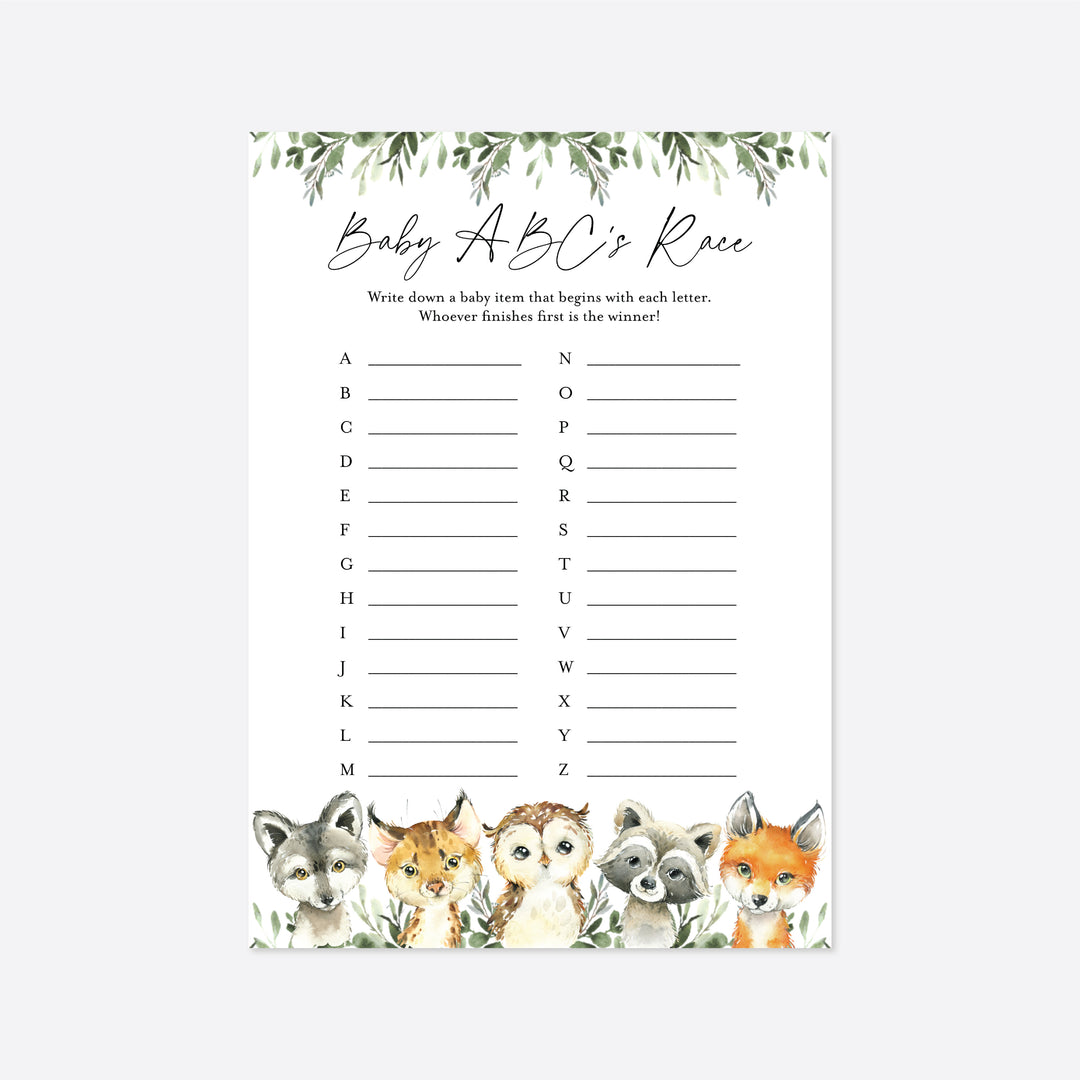 Little Woodland Baby Shower ABC's Race Game Printable