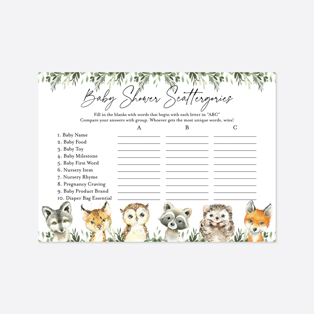 Little Woodland Baby Shower Scattergories Game Printable