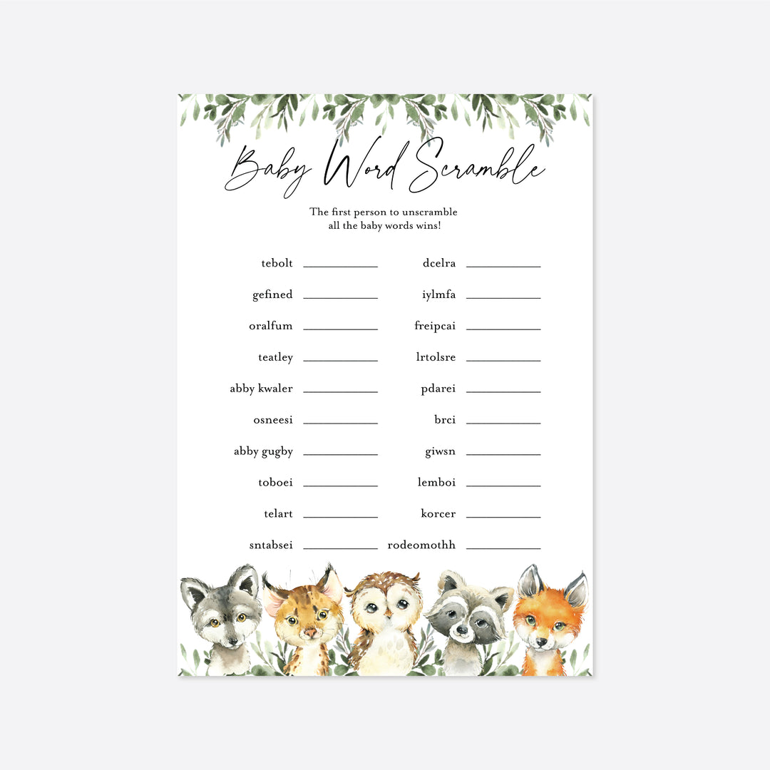 Little Woodland Baby Shower Word Scramble Game Printable