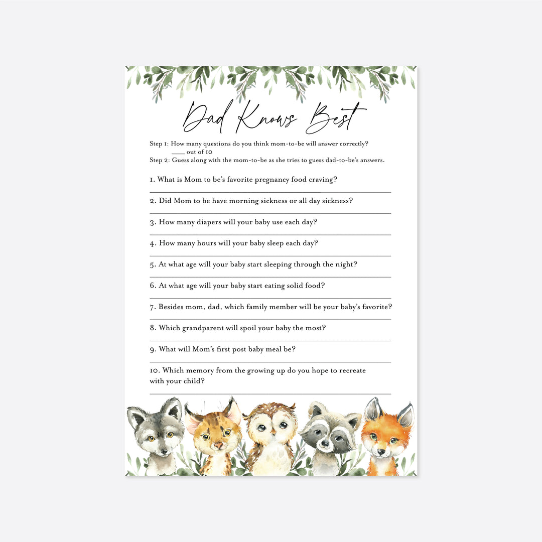 Little Woodland Baby Shower Dad Knows Best Game Printable