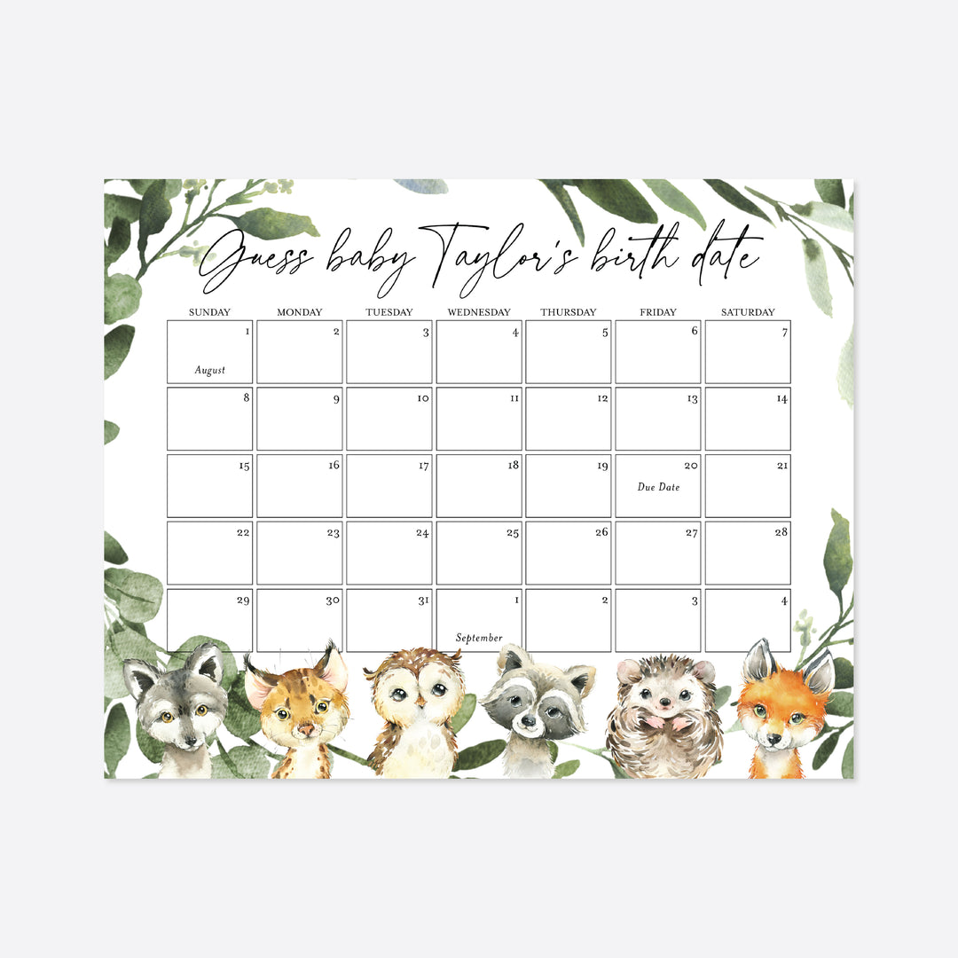 Little Woodland Baby Shower Due Date Calendar Printable