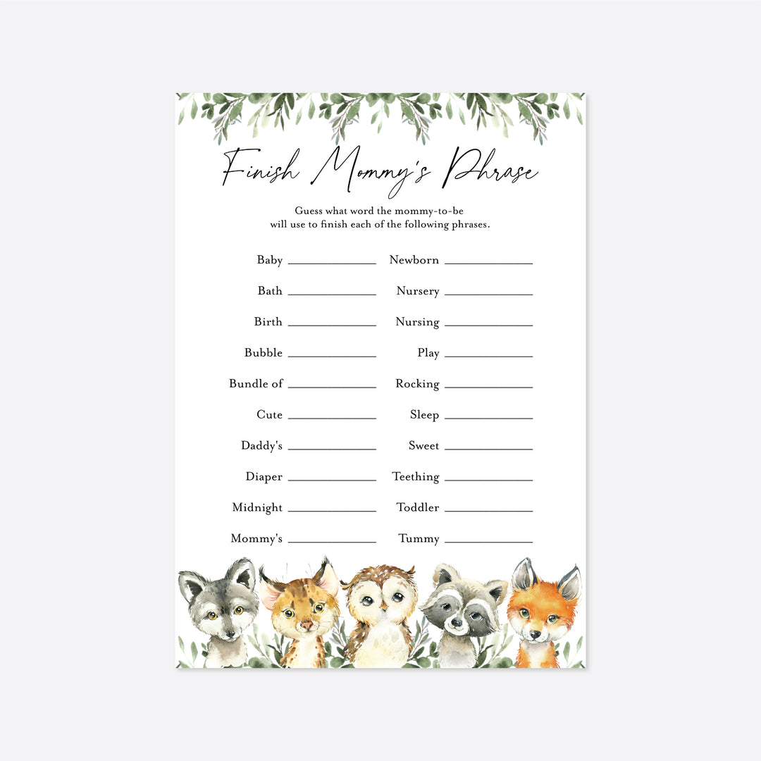 Little Woodland Baby Shower Finish Mommy's Phrase Game Printable