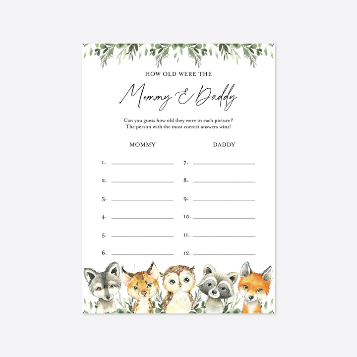 Little Woodland Baby Shower How Old Were The Mummy and Daddy To Be Game Printable