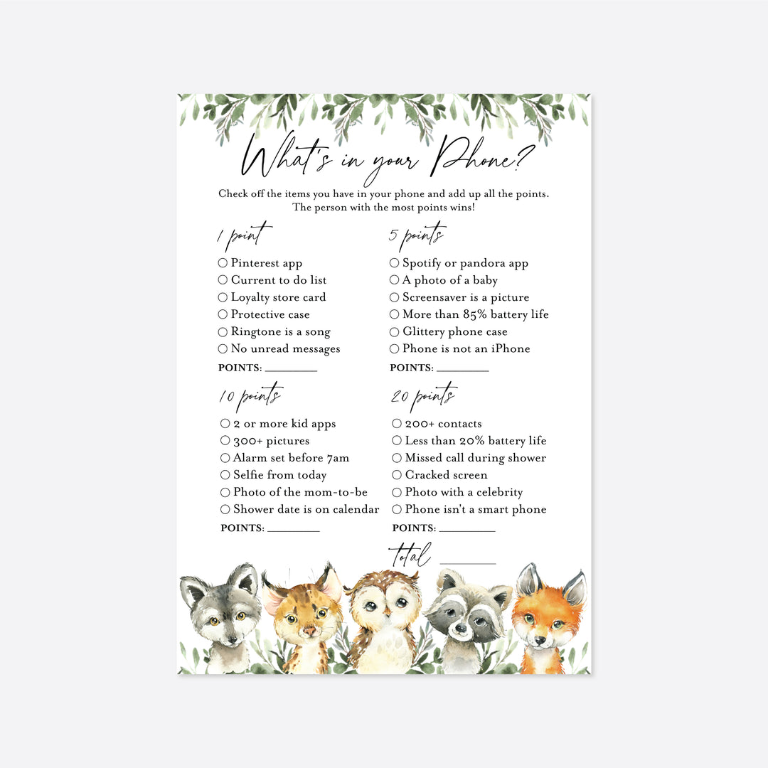 Little Woodland Baby Shower What's In Your Phone Game Printable