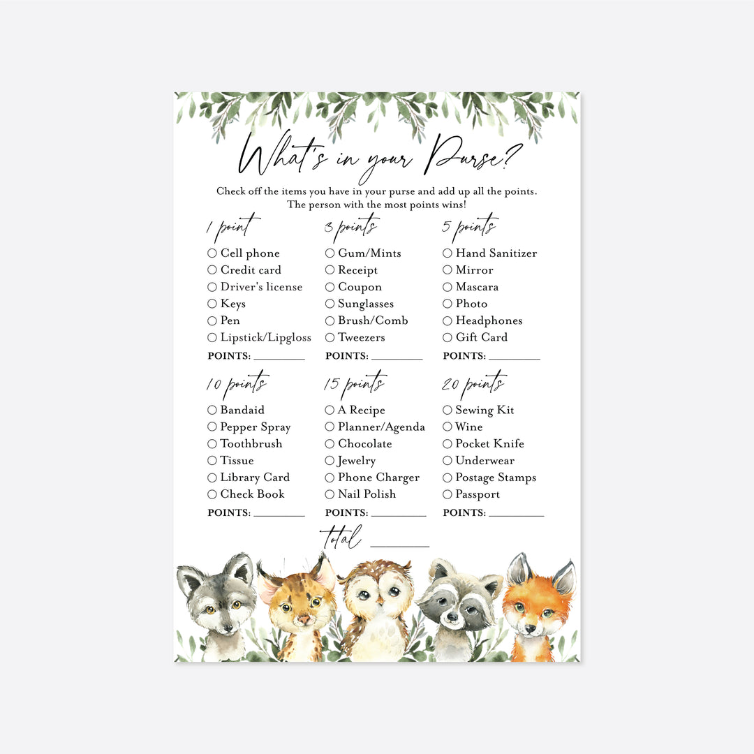 Little Woodland Baby Shower What's In Your Purse Game Printable