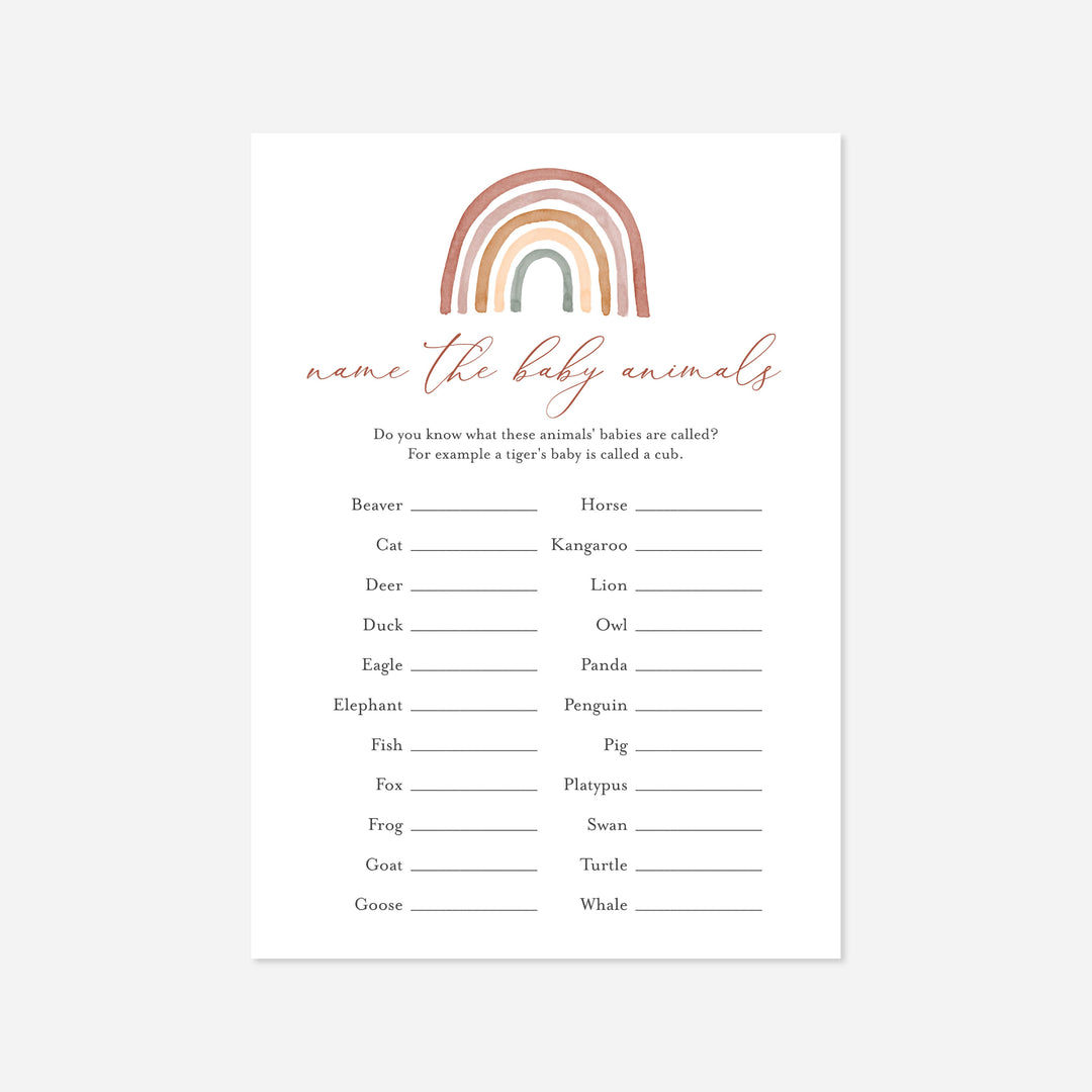 Rainbow Baby Shower Name The Baby Animals Game Printable