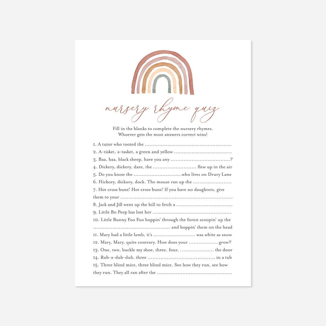 Rainbow Baby Shower Nursery Rhyme Quiz Game Printable
