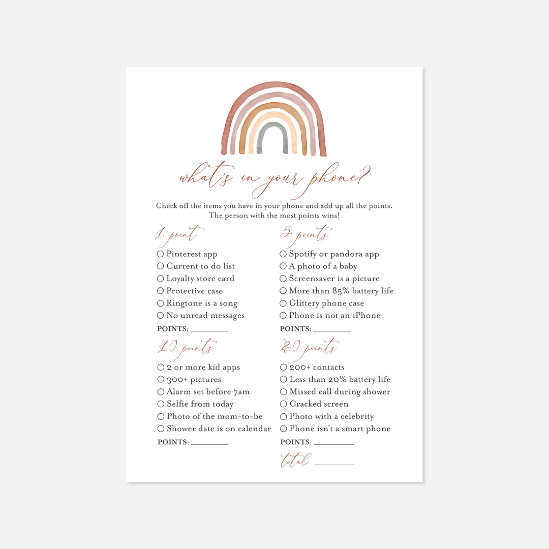 Rainbow Baby Shower What's In Your Phone Game Printable