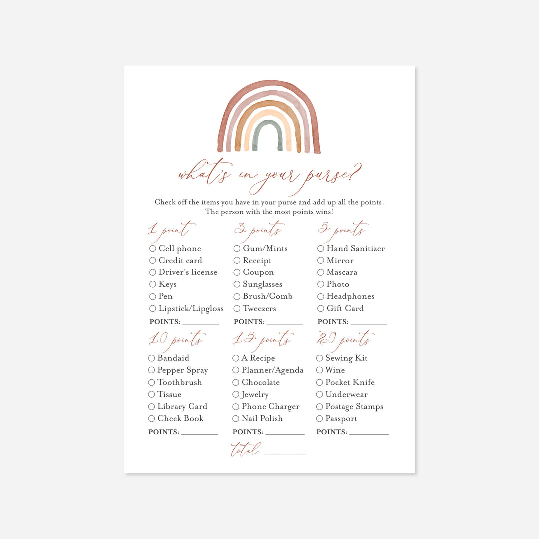 Rainbow Baby Shower What's In Your Purse Game Printable