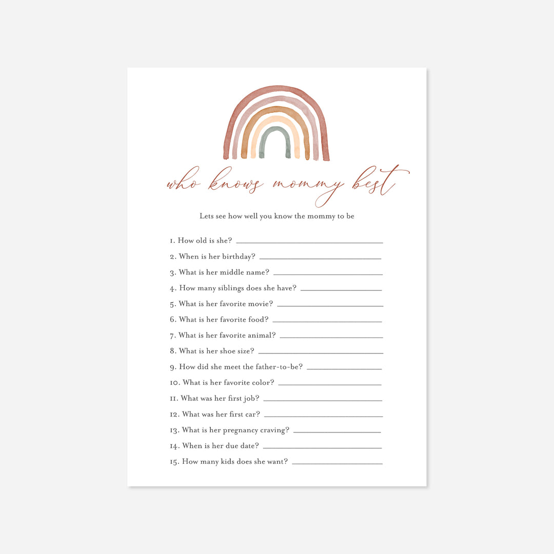 Rainbow Baby Shower Who Knows Mummy Best Game Printable