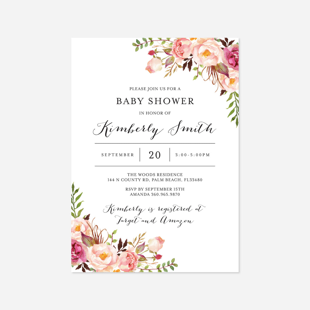Pink Floral Baby Shower Invitation Printable