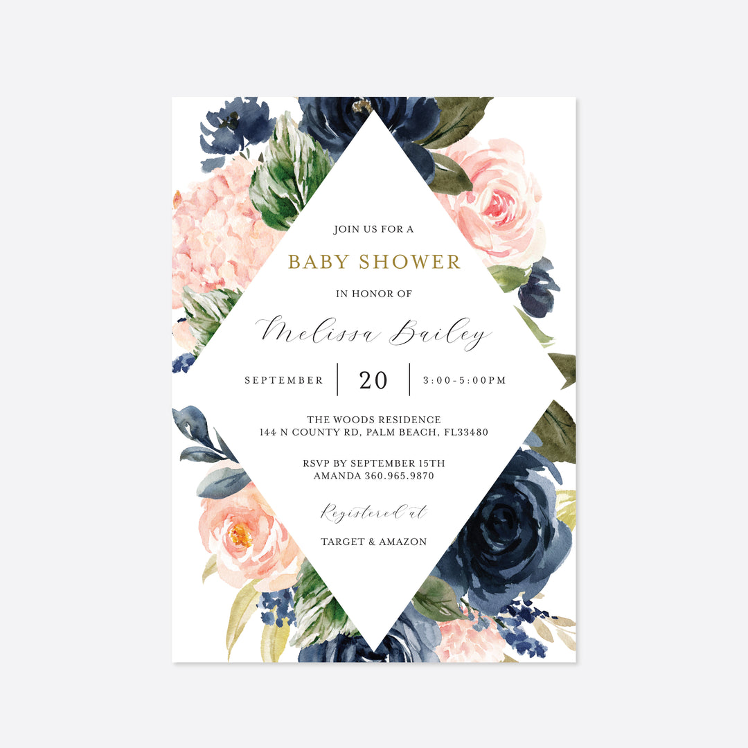 Navy Blush Baby Shower Invitation Printable