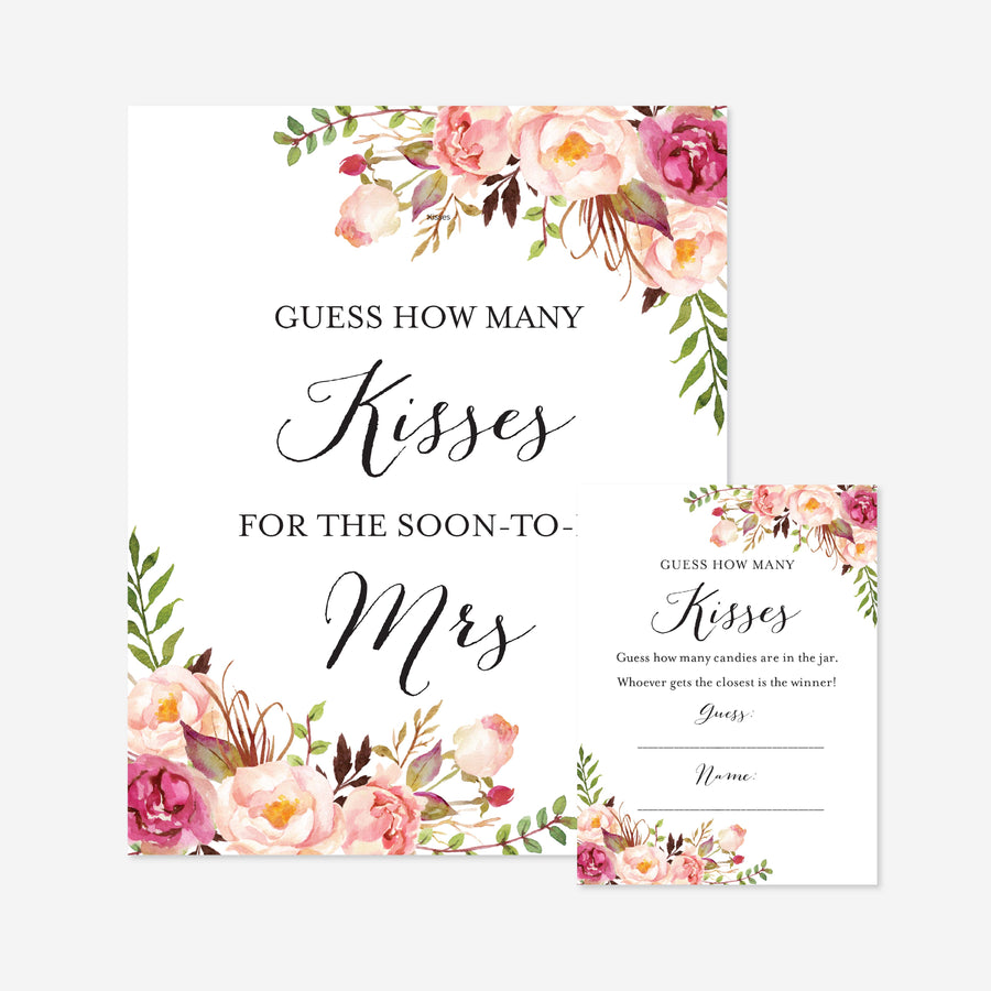 Pink Floral Bridal Shower Guess How Many Kisses Game Printable