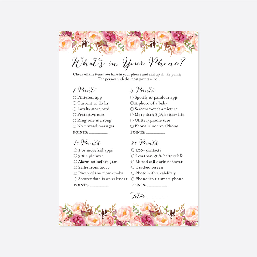 Pink Floral Bridal Shower What's In Your Phone Game Printable