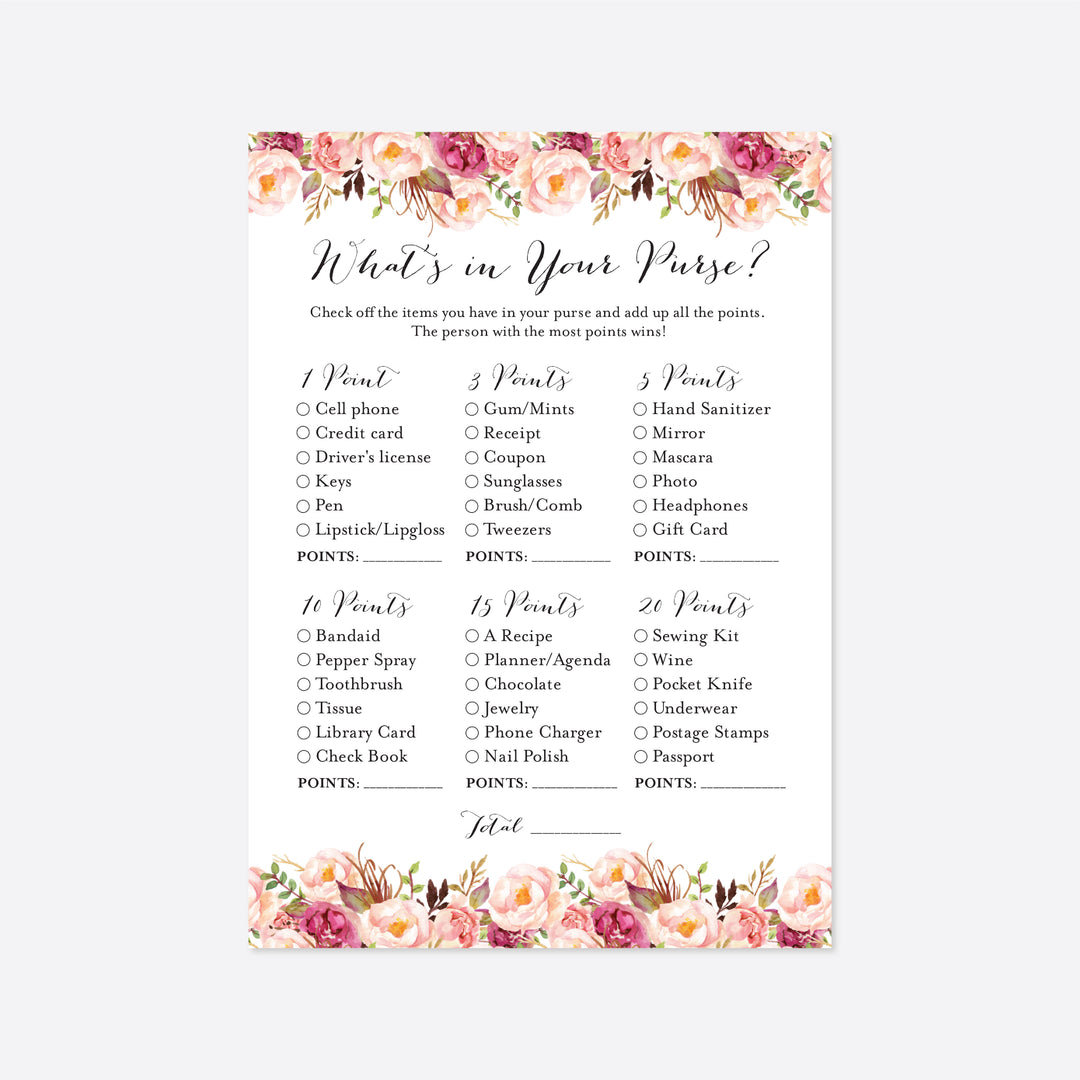 Pink Floral Bridal Shower What's In Your Purse Game Printable