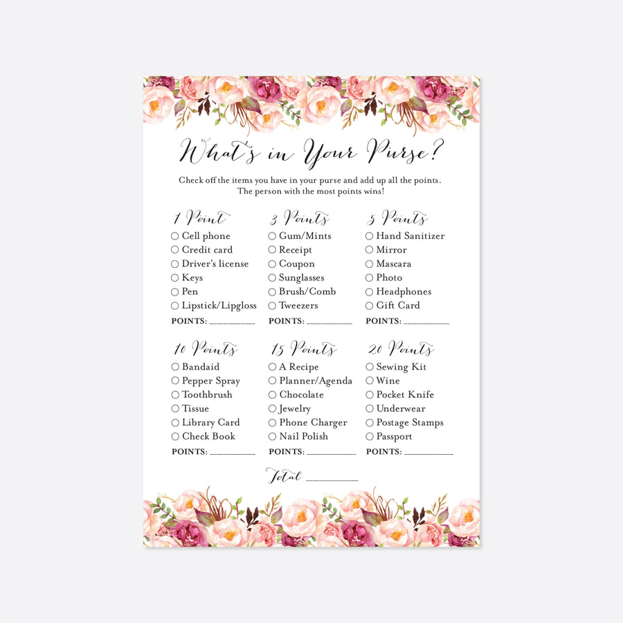 Pink Floral Bridal Shower What's In Your Purse Game Printable
